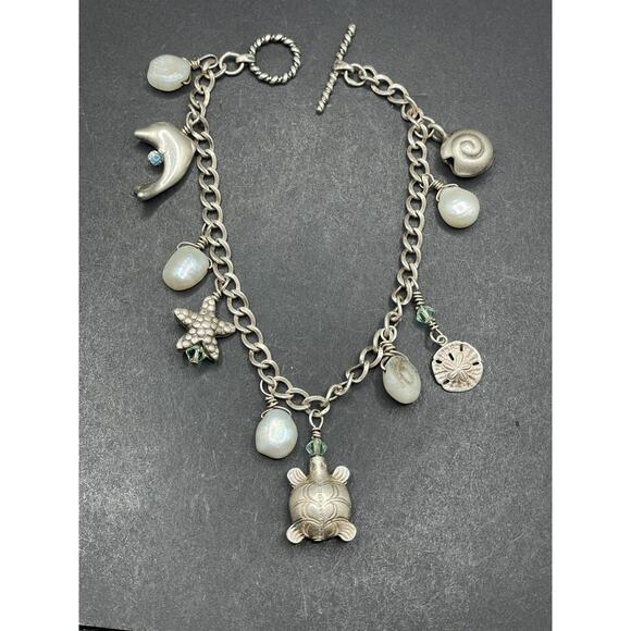 Vtg 925 Sterling Silver Pearl & Sea Creature Dangle Charm Bracelet Sz 7 1/4" 18g - Picture 1 of 10